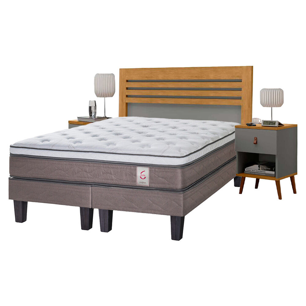 Combo Cama Europea Rosen Base Dividida 2 Plazas New Style 6 + Respaldo + 2 Veladores Casanova 2 Plazas Naturale Gris