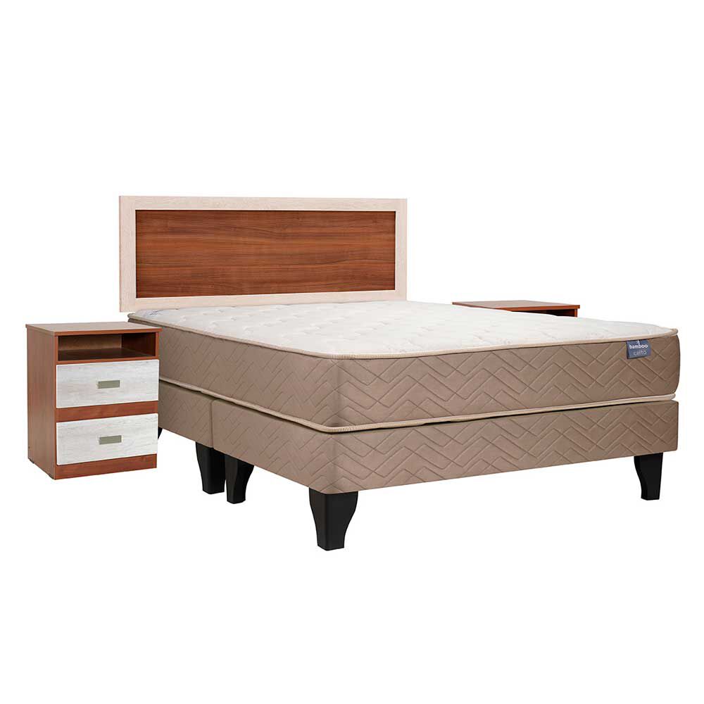 Cama Europea Celta Base Dividida 2 Plazas Bamboo + Respaldo + 2 Veladores