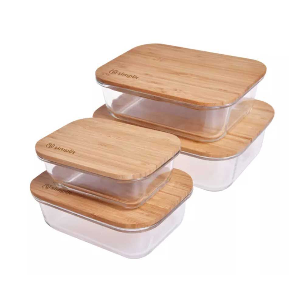 Set 4 Tupper de Vidrio Herméticos Tapa Bamboo Simplit