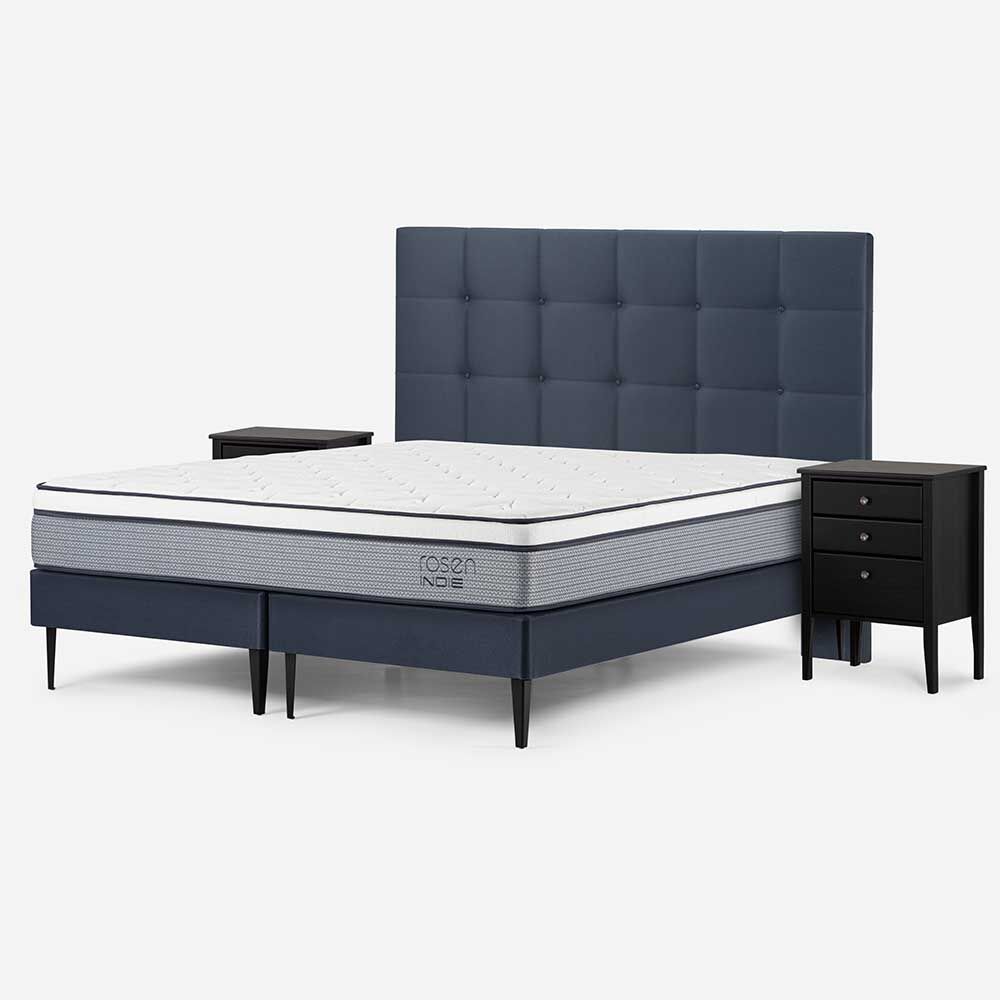 Cama Europea Rosen Base Dividida King Indie + Respaldo + 2 Veladores Issey Azul