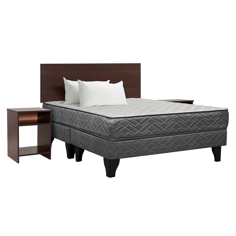 Cama Europea Celta Base Dividida 2 Plazas New Atlantis + Respaldo + 2 Veladores Castilla + 2 Almohadas