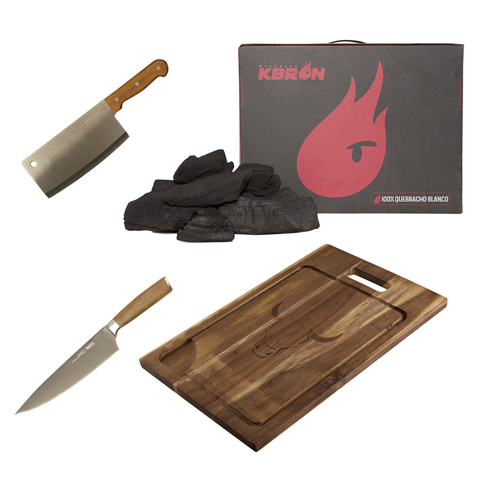 Set Parrillero Wayu Carbón + Tabla + Cuchillo Chef + Hacha