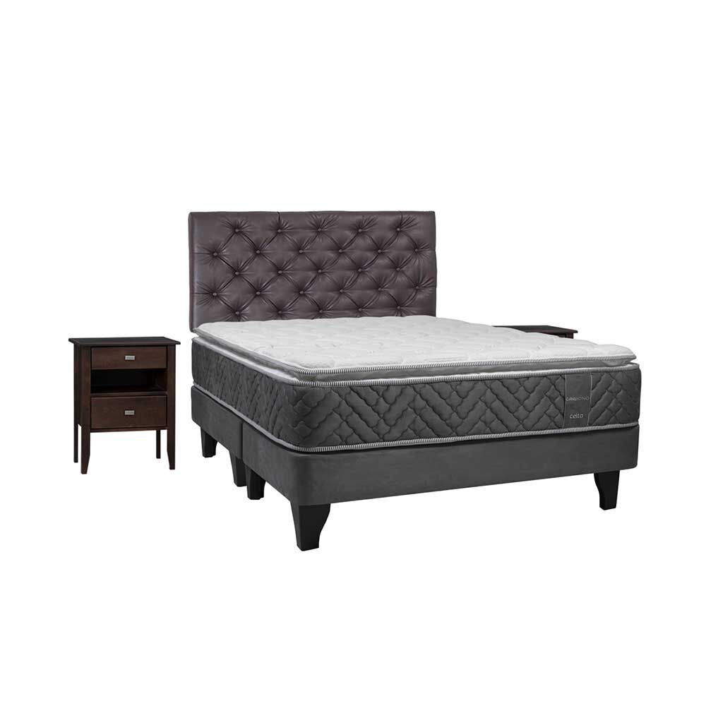 Cama Europea Celta Base Dividida 2 Plazas Carbono + Respaldo + 2 Veladores Capitone